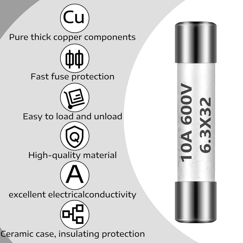 Kingdder 10 Pieces Ff10a 600v Multimeter Fuses Dc Dmm Fast Blow Action 10 Amp Ceramic Fuses Brass Made for Dc Dmms 6.3 x 32 mm - Image 2